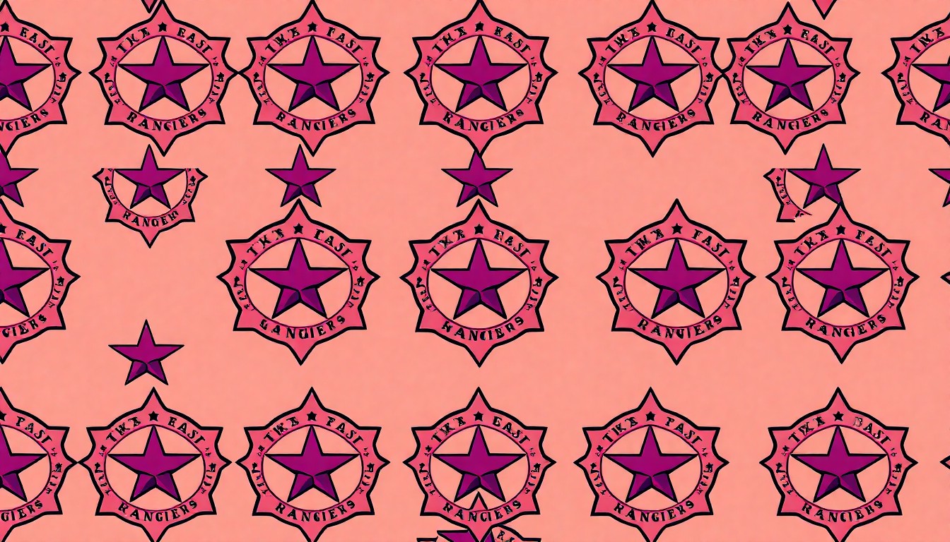 A bold, colorful silkscreen-style illustration featuring a vintage Texas Rangers badge repeated in a grid pattern, conveying the museum's celebration of local law enforcement history.