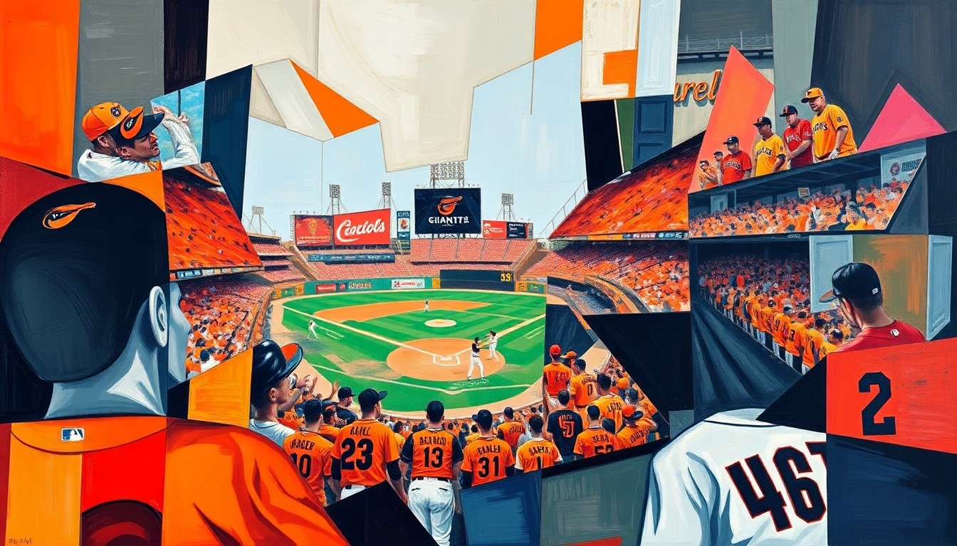 A fractured, geometric painting in bold colors representing the action and movement of a baseball game between two teams, with no identifiable players or logos.