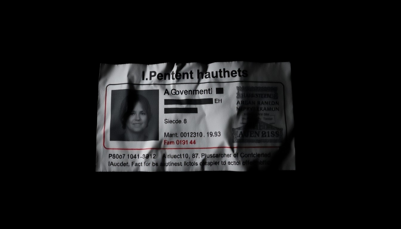 An extreme close-up photograph of a crumpled, partially redacted government ID document, conceptually illustrating the impact of identity theft crimes.