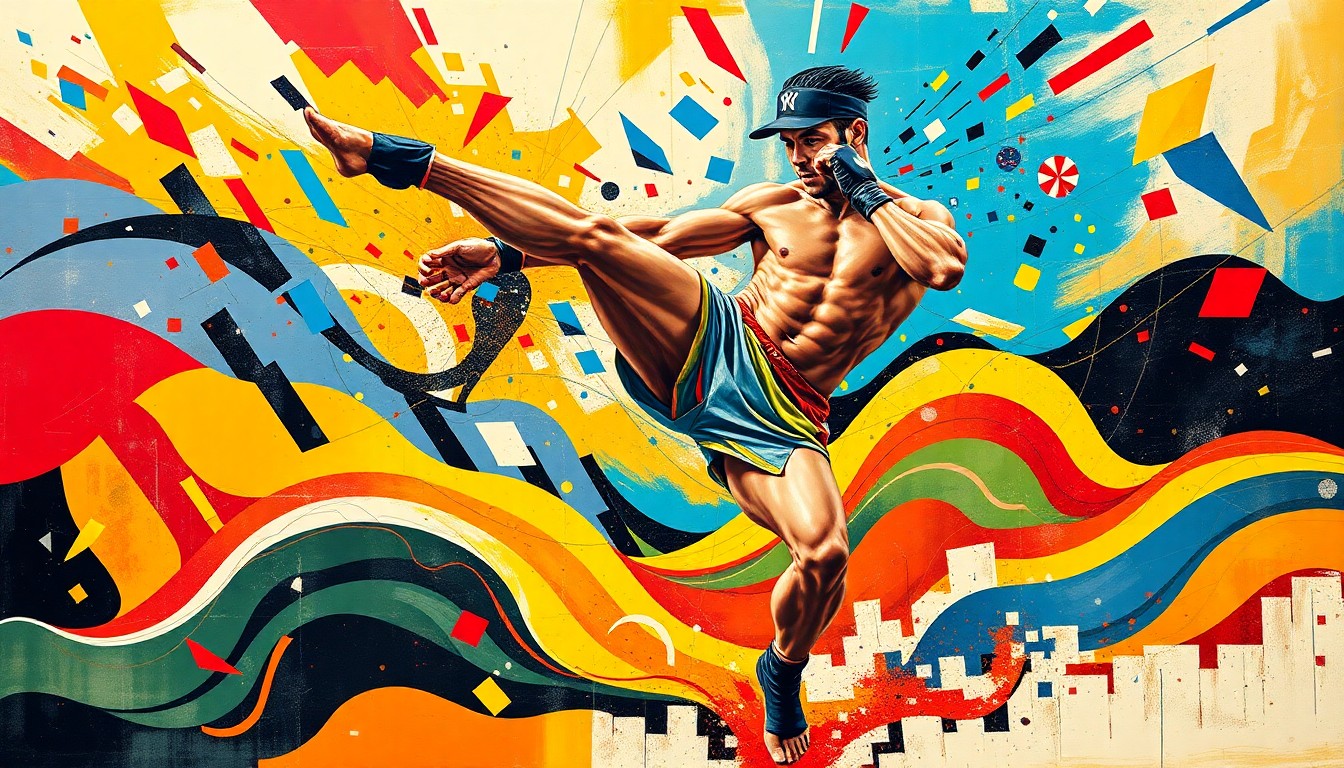 A dynamic, abstract painting featuring overlapping, fractured geometric shapes and waves of bold, clashing colors depicting a mixed martial arts fighter mid-kick, conveying the energy and intensity of the UFC event at the White House.