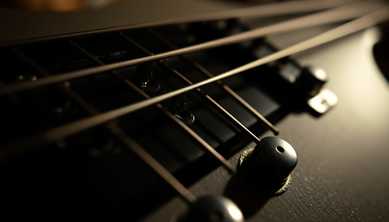 An extreme close-up photograph of the worn, textured guitar strings of a musician's instrument, conveying the gritty glamour of a rock star's tools and the resilience required to continue performing despite a serious health condition.