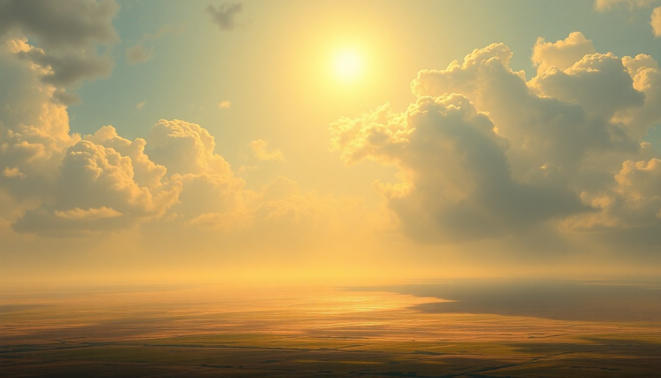 A vast, atmospheric landscape painting in muted tones of gold, blue, and hazy white, capturing the overwhelming scale and power of the natural environment along the Gulf Coast during a prolonged period of hot, dry weather.