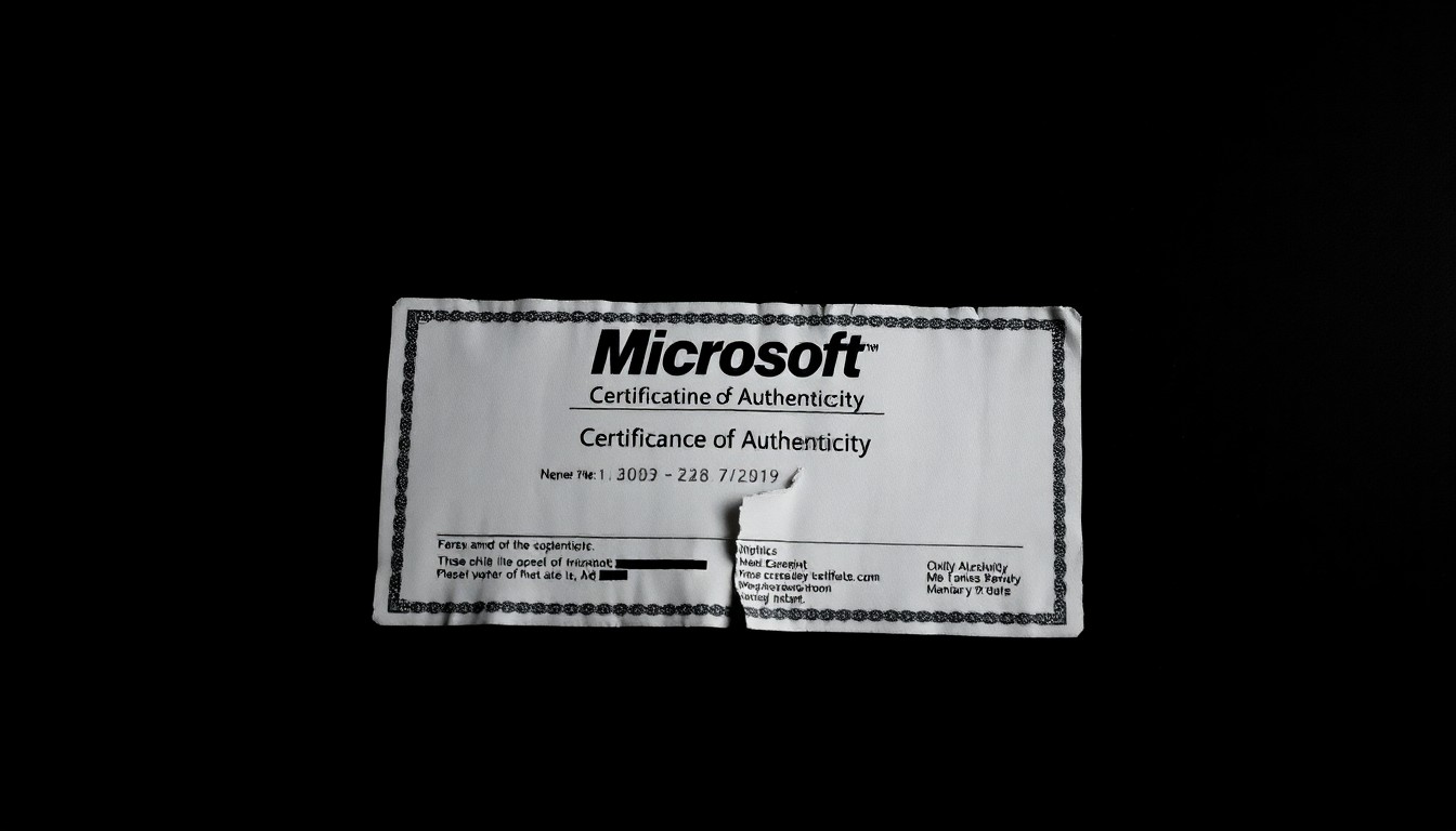 An extreme close-up photograph of a worn, damaged Microsoft certificate of authenticity label, conceptually representing the illicit nature of the trafficking scheme.