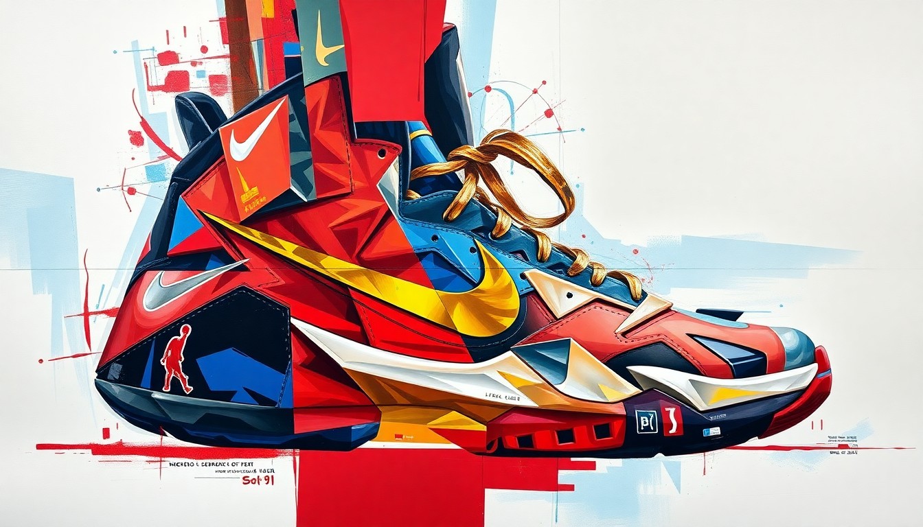 A fractured, geometric painting depicting Bronny James' basketball movements and the textured, patterned upper of his new Nike LeBron IX Witness PER sneaker, rendered in a vibrant color palette.