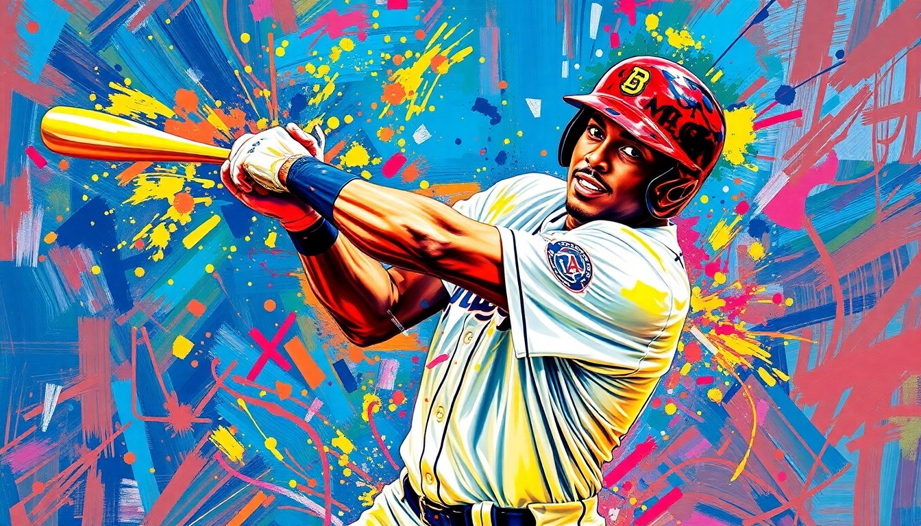 An abstract, expressionist painting featuring bold, neon-colored brushstrokes capturing the dynamic motion and energy of a baseball player swinging the bat, with the player's face and uniform details dissolved into unrecognizable splatters of paint.