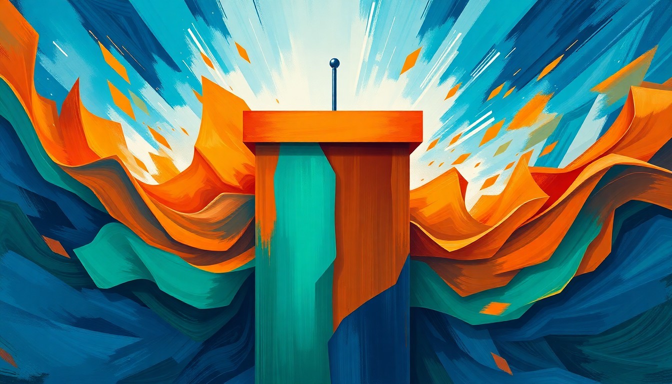 A vibrant, abstract painting featuring overlapping, geometric shapes and brushstrokes in shades of blue, green, and orange, conceptually representing the fast-paced energy and high stakes of local political campaigns.