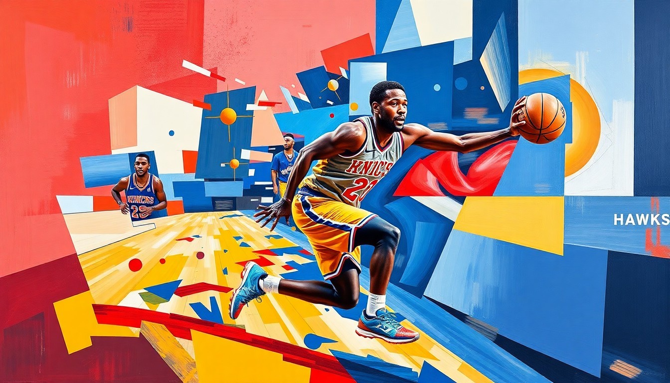 A fractured, multi-perspective painting depicting Mikal Bridges' basketball action and streak, broken down into sharp, overlapping geometric planes in vibrant Knicks and Hawks team colors.