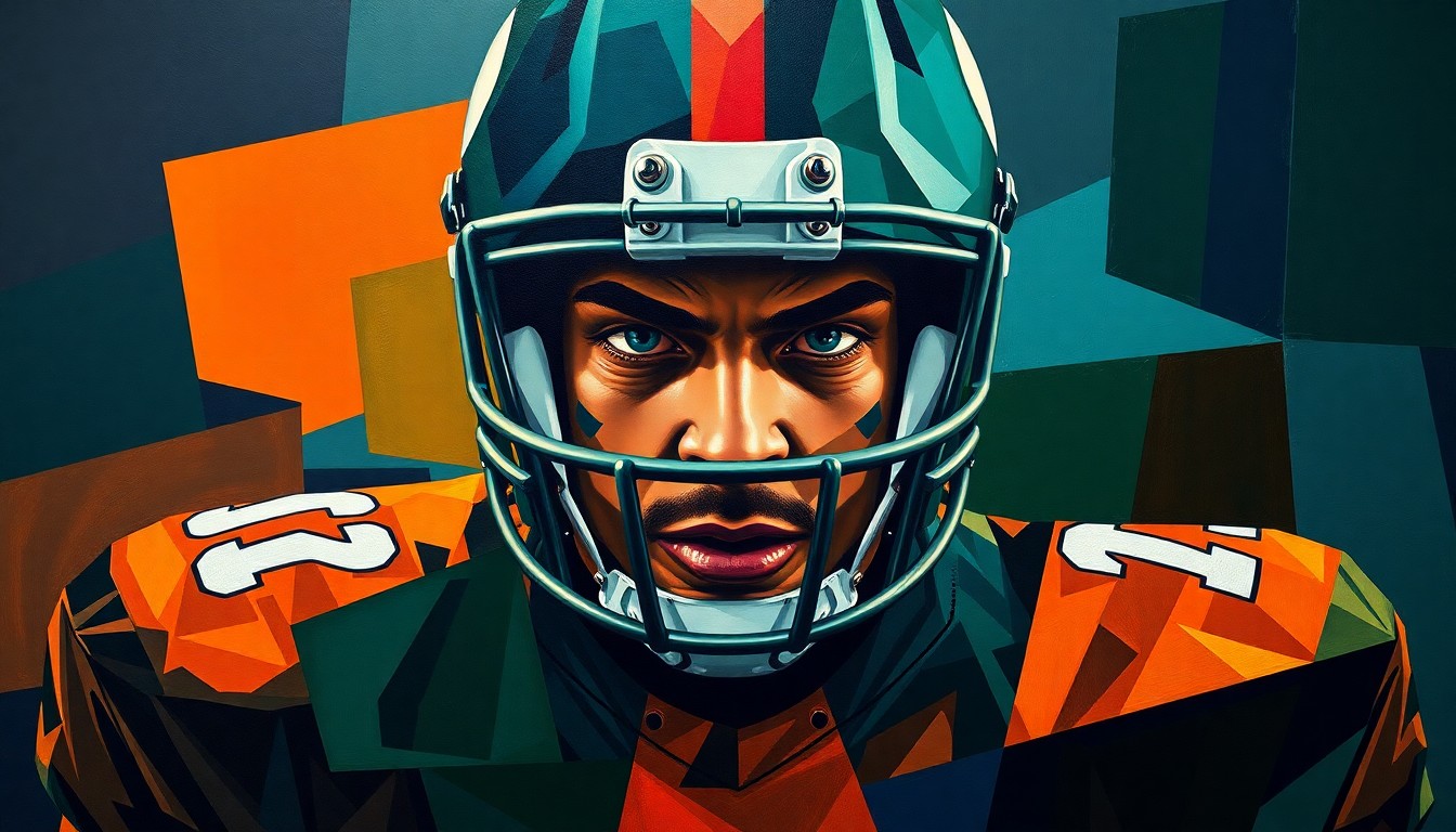 A fractured, cubist-style painting depicting a football player in an intense moment of focus and preparation, with geometric planes of navy, green, and orange intersecting to capture the raw energy of the sport.