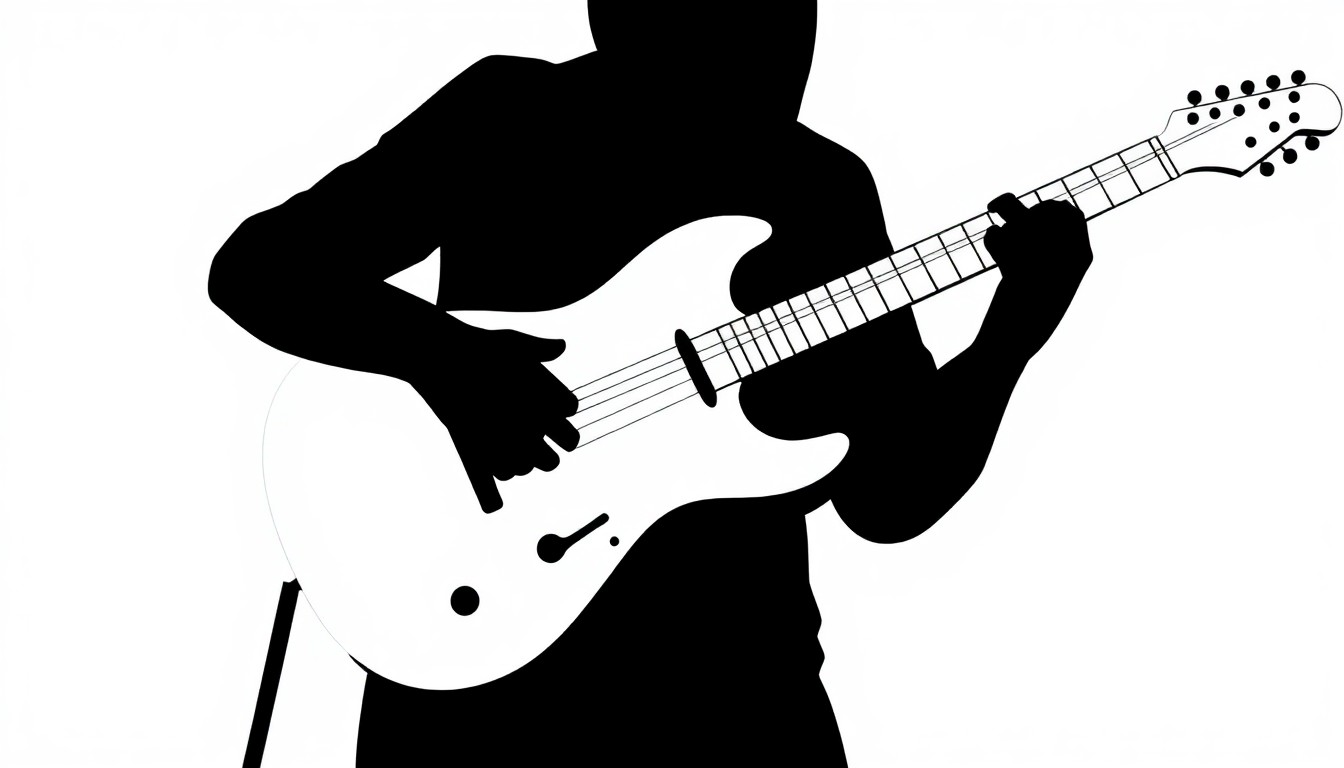 A bold, graphic black and white silhouette of a country singer's guitar, with dramatic, jagged edges symbolizing the struggle and determination of an artist staying true to their political convictions.