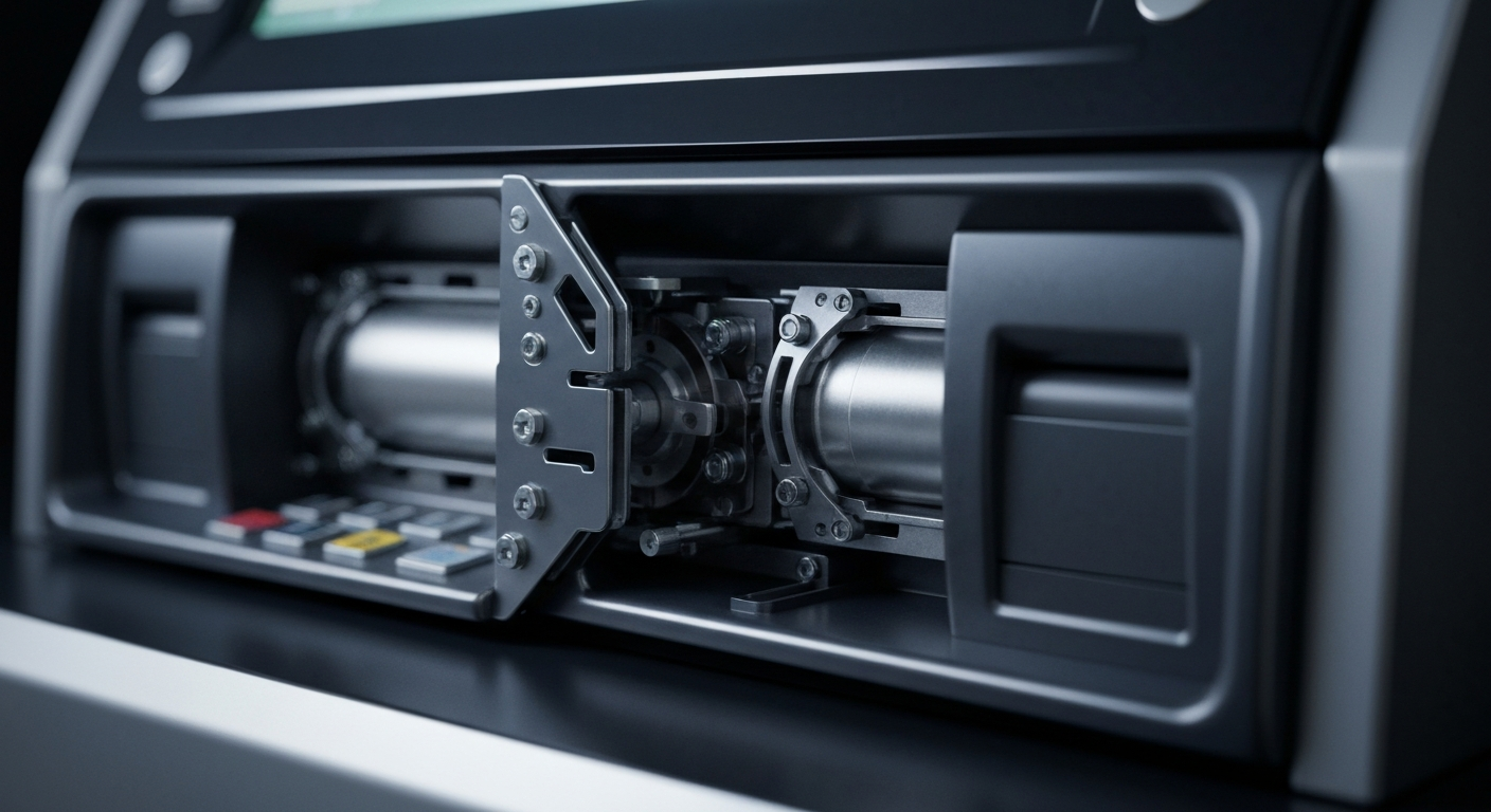 An extreme close-up of the intricate inner workings and polished metal components of a modern banking terminal, conveying the advanced technology and infrastructure that enables digital financial services.