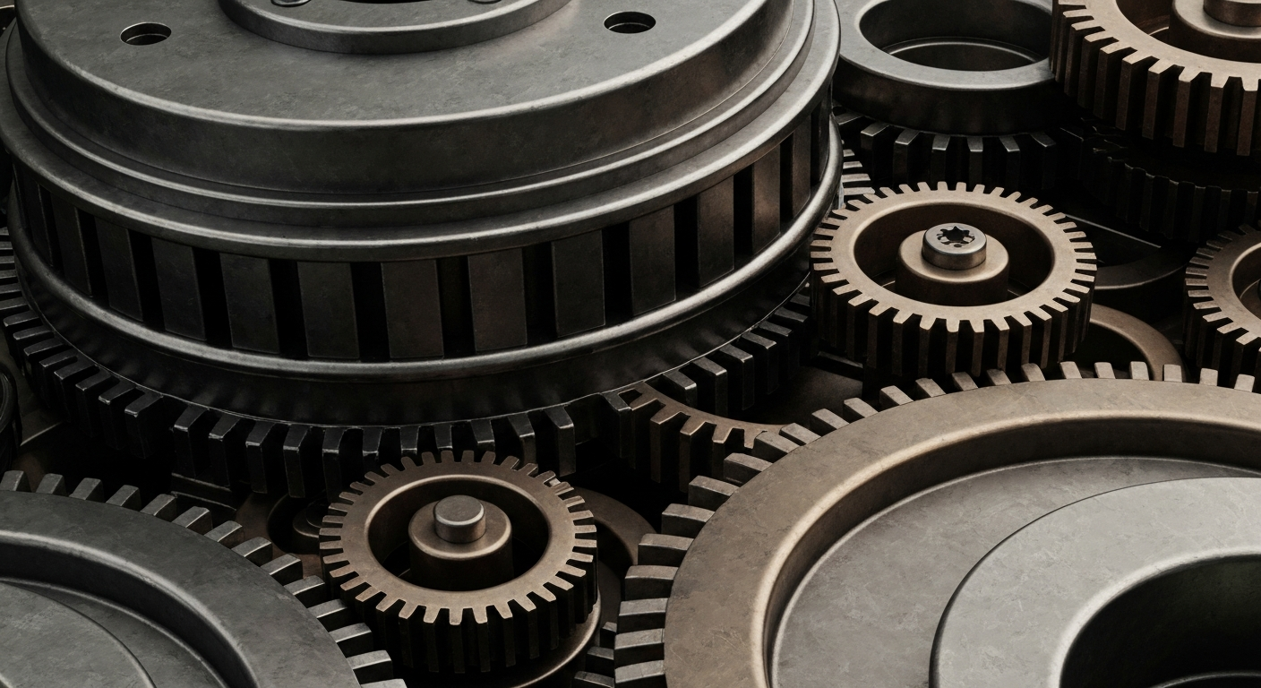 A highly detailed, cinematic close-up image of heavy, industrial banking machinery and gears in shades of steel grey, bronze, and black, conceptually representing the secure, physical foundations of the financial system.