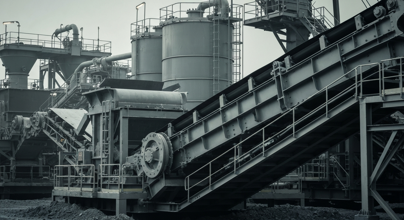 An extreme close-up of industrial gold mining machinery and equipment, such as ore crushers and conveyor belts, rendered in a muted, industrial color palette, conceptually representing the financial and operational complexities of the gold mining sector.