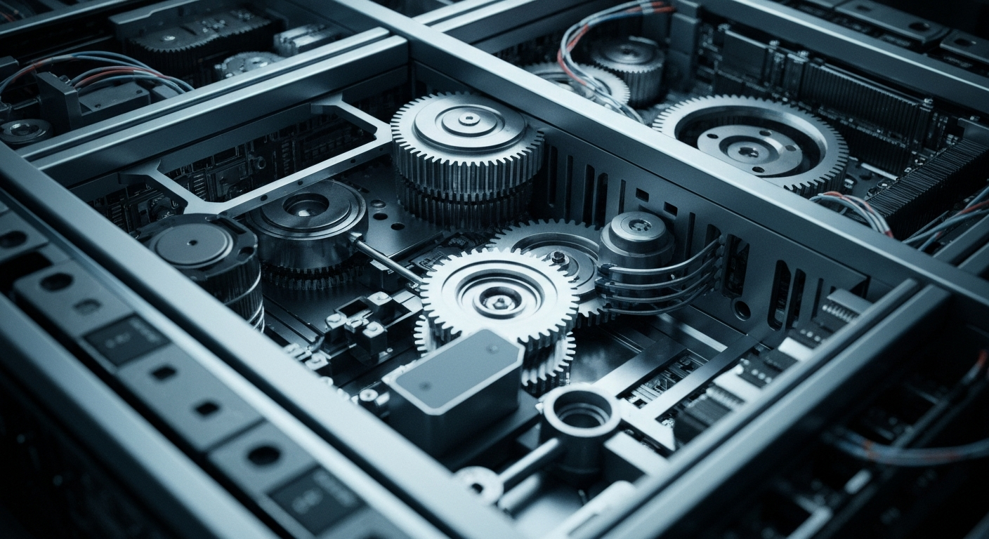 An extreme close-up of the complex, interlocking components of a high-tech media server, conveying the sophisticated technological infrastructure that powers Netflix's global streaming platform.