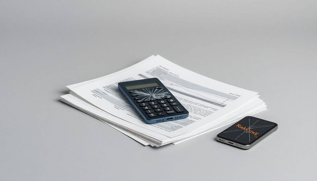 A photorealistic studio still life featuring a stack of financial documents, a calculator, and a cracked mobile phone screen against a clean, monochromatic grey background, conceptually representing the abstract ideas of corporate finance, risk, and market volatility.