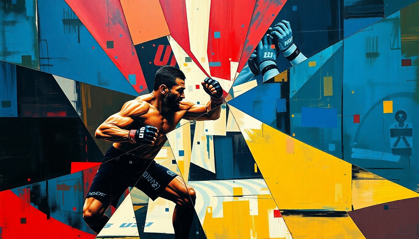 A cubist, geometric painting depicting a fractured, multi-angled view of two UFC fighters engaged in a match, their forms broken down into sharp, overlapping planes of deep blue, red, and black.