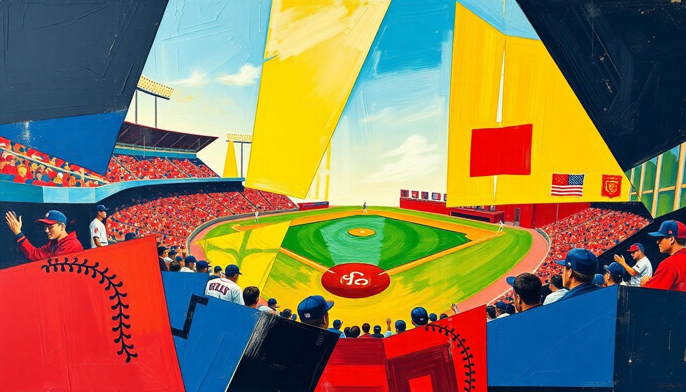 A cubist, geometric painting depicting a baseball game or match, with sharp, overlapping planes of color representing the dynamic action on the field.