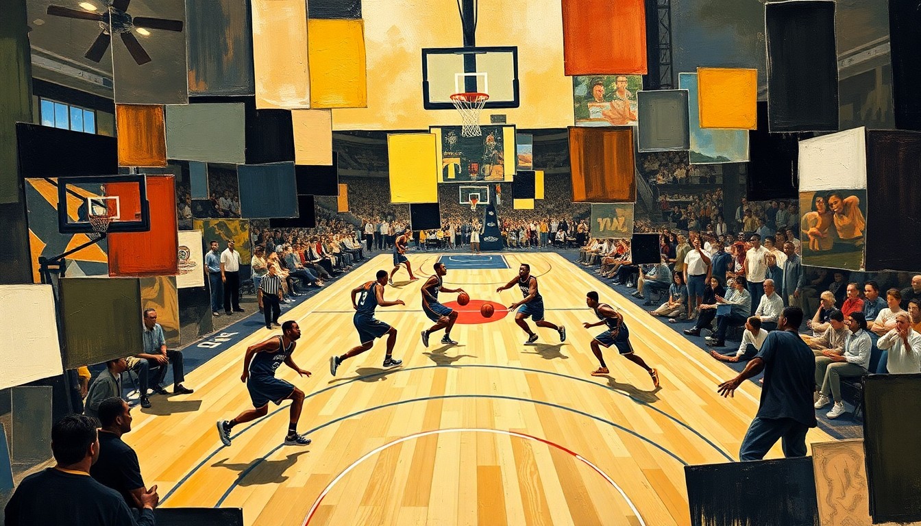 A cubist-style painting depicting a basketball game in motion, with players and the court broken down into sharp, overlapping geometric shapes and planes, conveying the dynamic energy of the record-breaking performance.