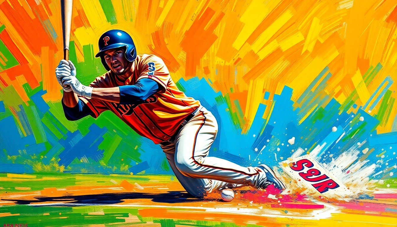 An extreme close-up of a baseball player sliding into home plate, with vibrant neon-colored brushstrokes and dynamic, expressive movement capturing the raw energy of the game.