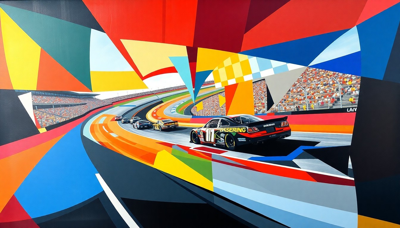 A cubist, geometric painting depicting a NASCAR race at Bristol Motor Speedway, with the cars and track broken down into abstract, overlapping shapes and planes of color, conveying a sense of speed and motion.