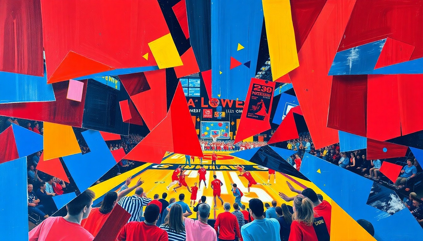 A cubist, geometric painting featuring overlapping planes of red, blue, and yellow, conceptually representing the energy and excitement of high school sports competitions.