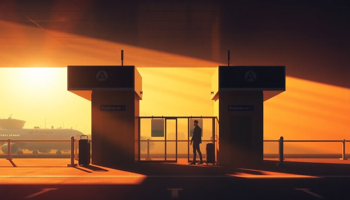 A serene, photorealistic painting of an empty airport security checkpoint, with soft natural light casting long shadows across the scene, conveying a sense of isolation and melancholy.