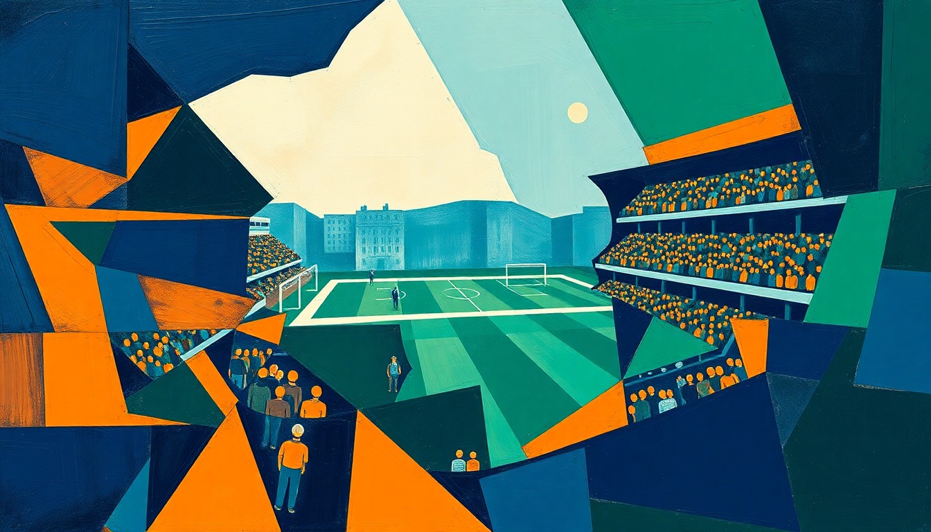 A fragmented, geometric painting in shades of blue, green, and orange, depicting the chaotic energy of a football match, with shapes and planes overlapping to create a sense of movement and intensity.