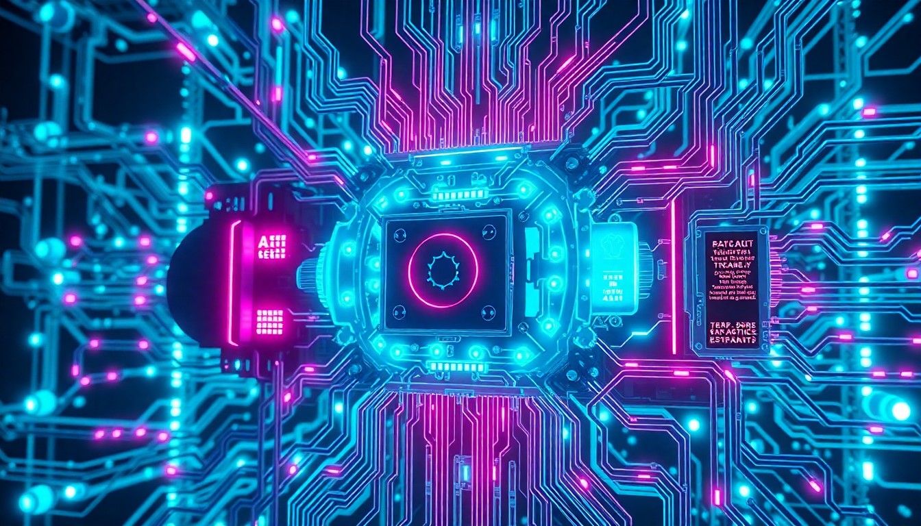 A highly detailed, glowing 3D illustration of a complex, interconnected multi-agent AI system, with various components pulsing with neon cyan and magenta lights, conveying the dynamism and sophistication of agentic AI technologies.