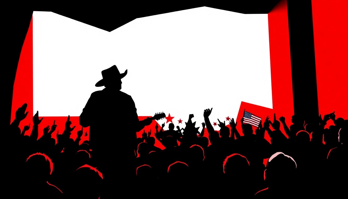 An abstract, minimalist illustration featuring bold, jagged shapes and silhouettes in high-contrast red and white, conceptually representing a patriotic country music concert.