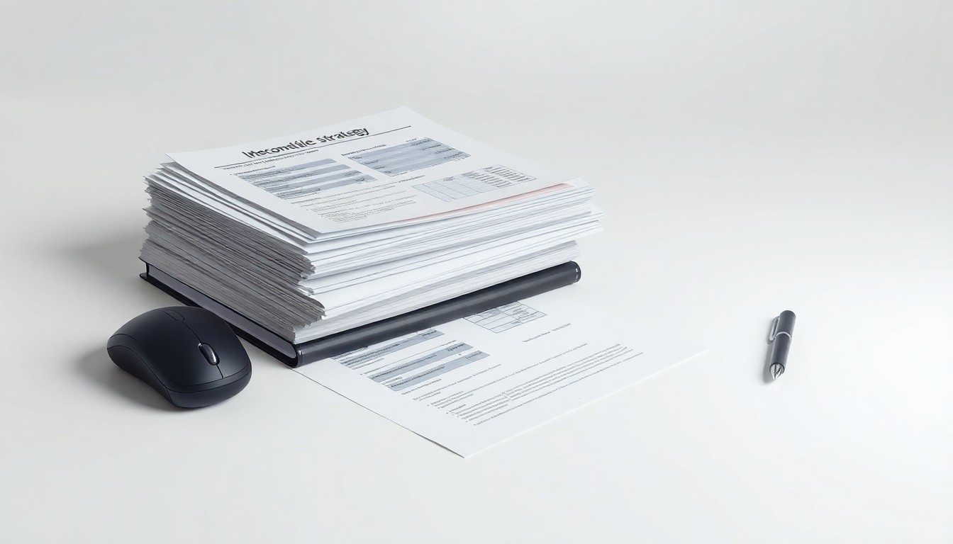 A photorealistic studio still life featuring a stack of financial documents, a computer mouse, and a pen arranged on a clean, monochromatic background, symbolizing the integration of consulting services and investment technology platforms.