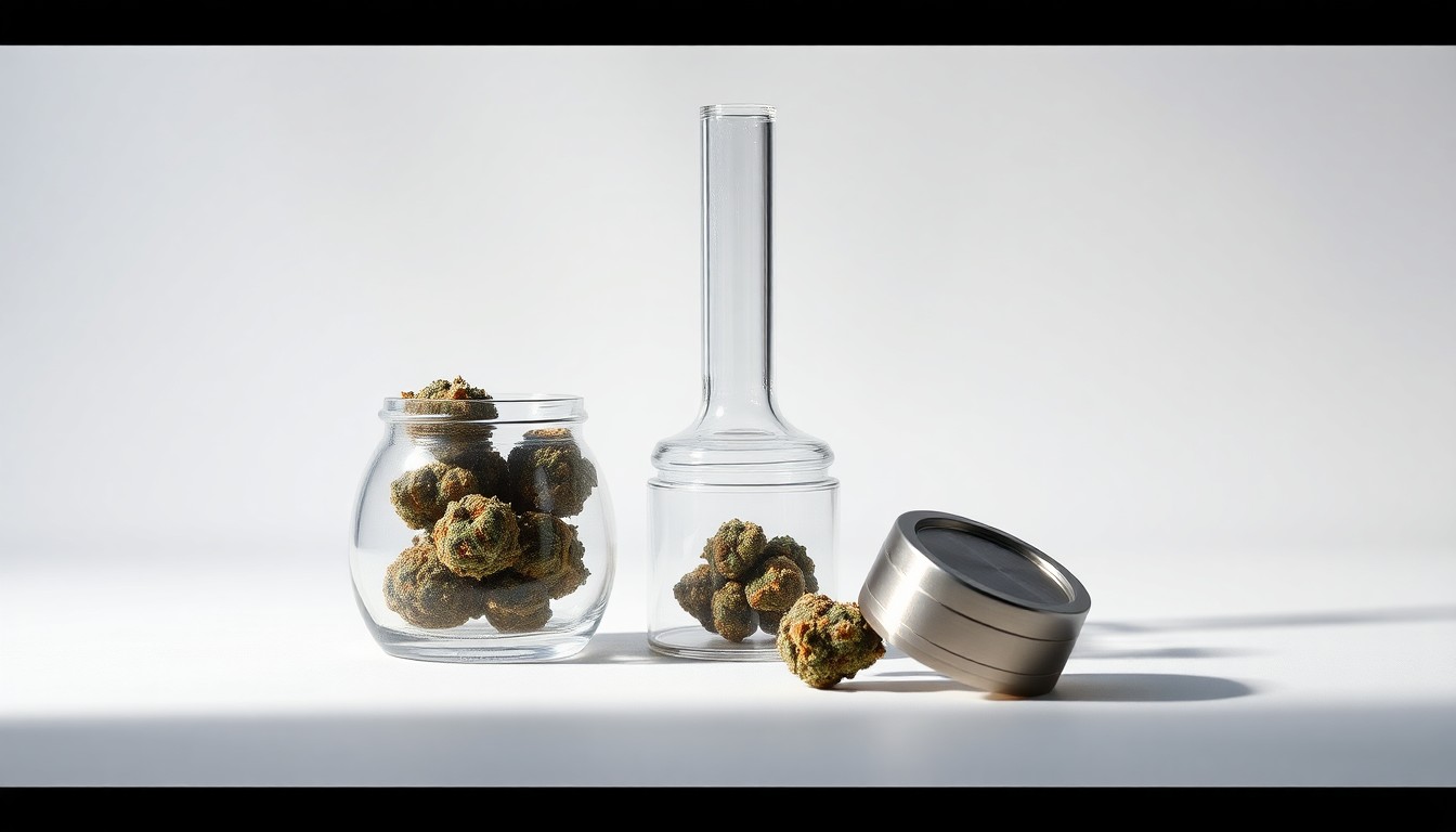 A high-end, photorealistic studio still-life photograph featuring a sleek glass bong, a small glass jar of premium cannabis buds, and a brushed metal grinder, all arranged elegantly on a clean white background with dramatic studio lighting, conceptually representing the premium cannabis products available at the new Terrabis drive-thru dispensary.