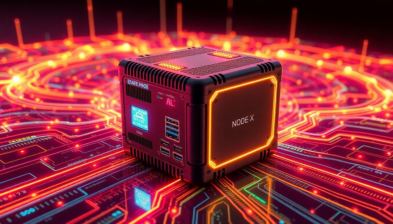 A highly detailed, glowing 3D illustration of a compact, ruggedized hardware device surrounded by swirling digital data streams, representing the real-time AI processing capabilities of the Safe Pro NODE-X solution.