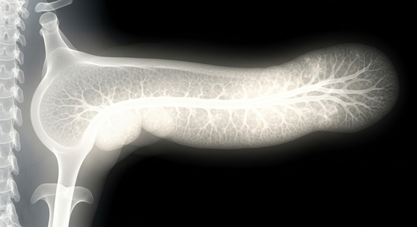 A highly detailed, translucent X-ray photograph showing the intricate internal structures of a pancreatic tumor, conceptually illustrating the advanced imaging and treatment approaches being explored for this challenging disease.