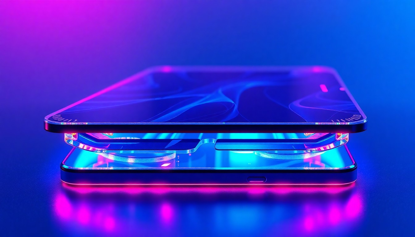 A highly detailed, glowing 3D macro illustration of the internal components of a foldable smartphone display, with vibrant neon lights highlighting the complex layered structure and materials that enable a smooth, crease-free folding experience.