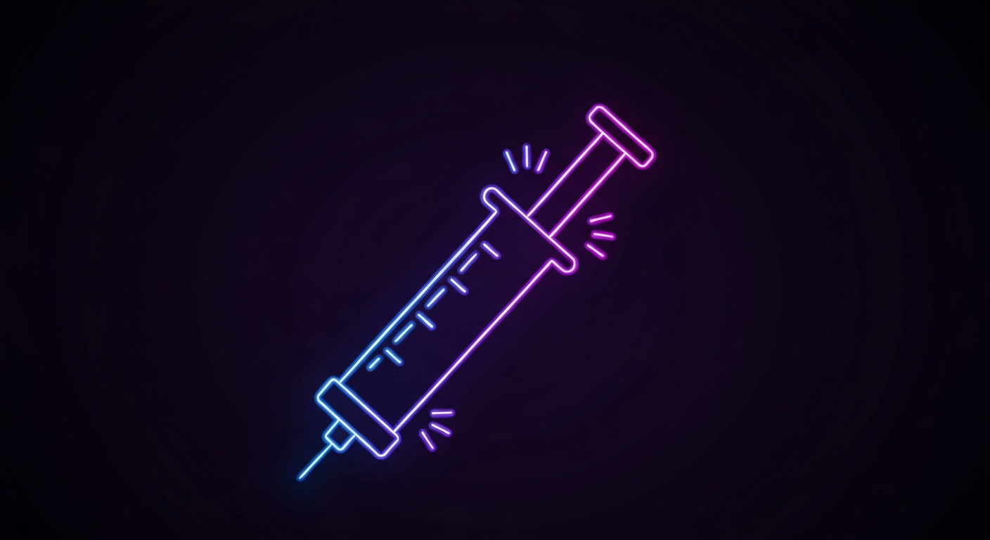 A minimalist illustration in glowing neon lines depicting the outline of a medical syringe or auto-injector device, conveying the clinical and technological advancements in rare disease therapies.