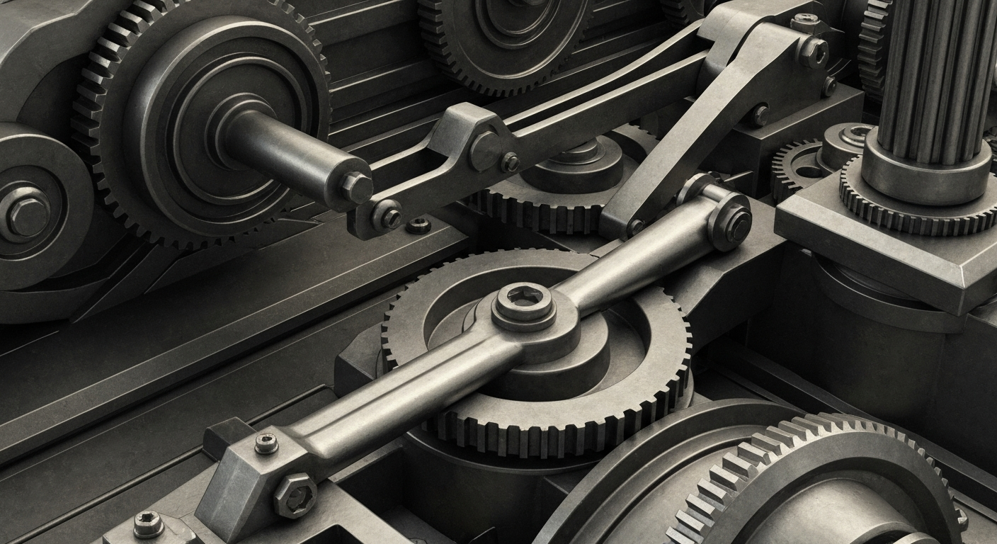 An extreme close-up of industrial gears, levers, and other mechanical components in muted metallic tones, conceptually representing the complex financial infrastructure that enables global commerce and compliance.