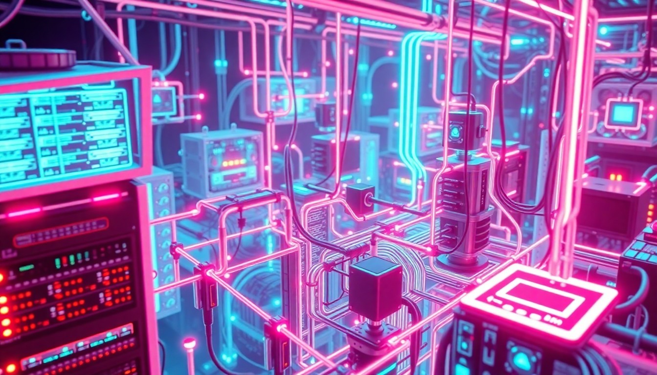 A highly detailed, glowing 3D illustration of a complex network of interconnected digital infrastructure components, including servers, cables, sensors, and other cybernetic elements, conceptually representing the technological depth and complexity of Nearmap's unified property intelligence platform.