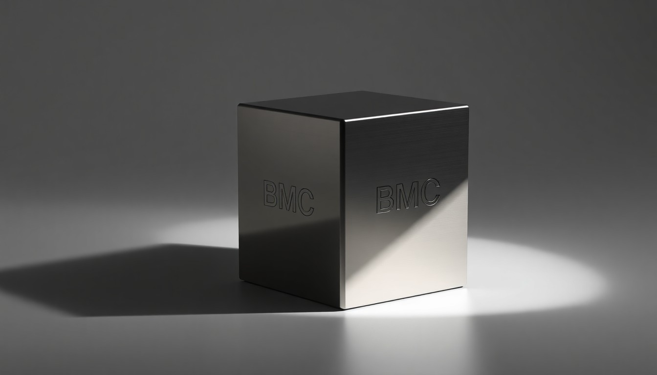 A high-end, photorealistic studio still-life photograph featuring a polished, geometric metal cube with a subtle BMC logo embossed on one side, floating on a clean, monochromatic grey background and dramatically lit from the side to highlight the premium materials and craftsmanship.