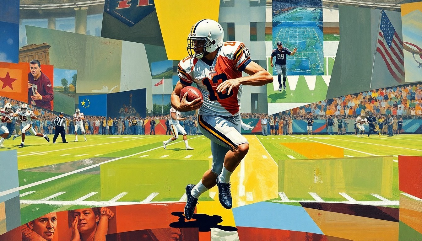 A cubist, geometric painting depicting a football player in motion, with their body and the ball fractured into overlapping planes of color, capturing the dynamic energy of a player making plays on both offense and defense.
