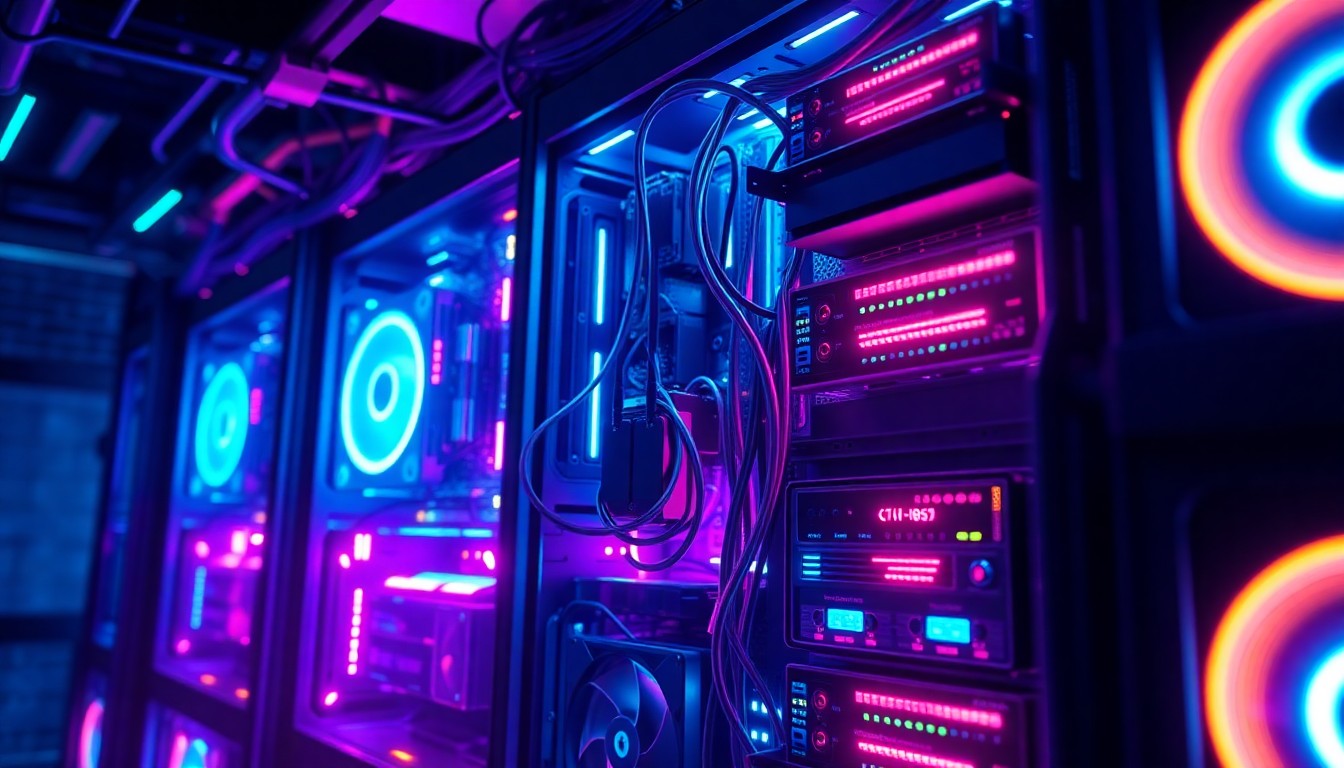 A highly detailed, glowing 3D illustration of a futuristic computer server rack, with illuminated circuit boards, cables, and cooling fans, bathed in a vibrant palette of electric blue, magenta, and violet hues, conceptually representing the powerful computational infrastructure powering Bethesda's expansive open-world games.