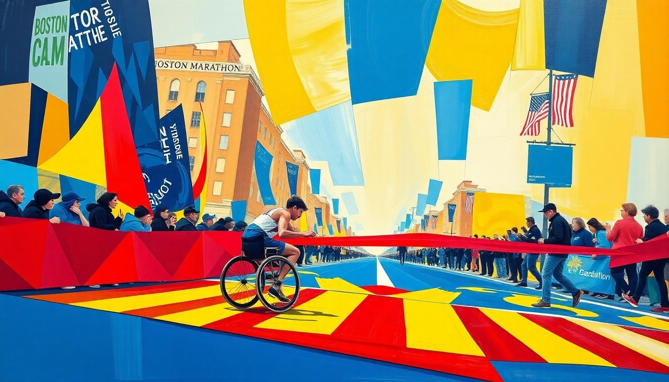 A fragmented, geometric painting depicting a wheelchair racer crossing the finish line of the Boston Marathon, with sharp planes of color representing the athlete's motion and energy.