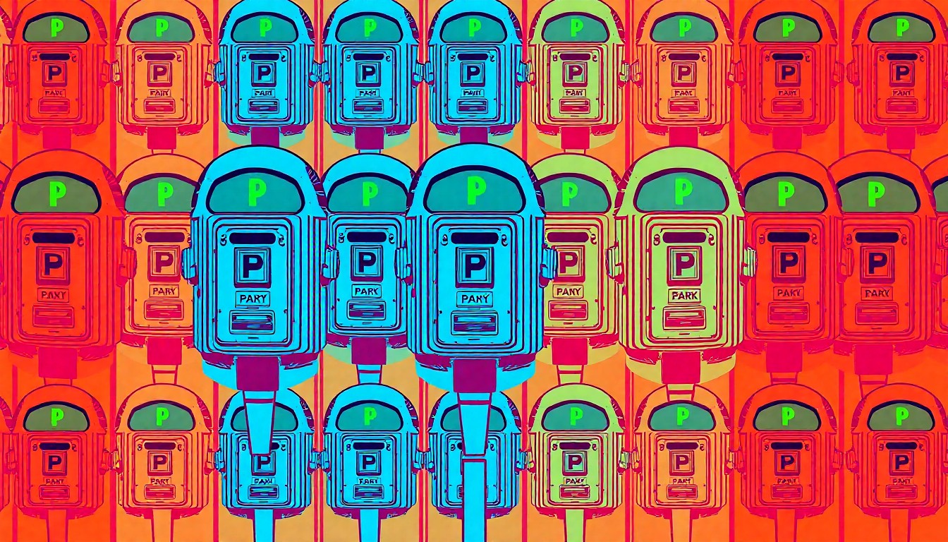 A grid of brightly colored, high-contrast silkscreen parking meters in shades of neon pink, electric blue, and highlighter yellow, conceptually representing the repetitive and impersonal nature of parking enforcement in urban areas.