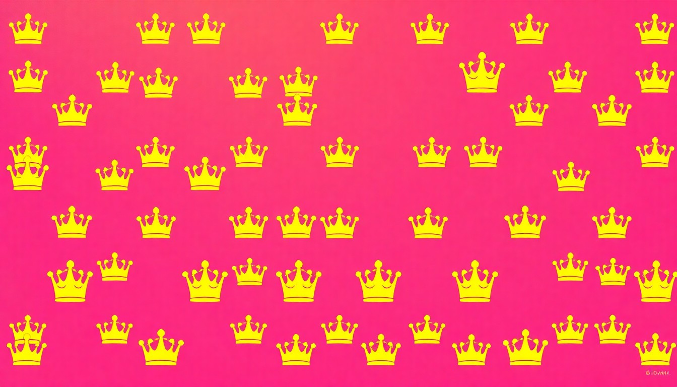 A vibrant, abstract silkscreen print composed of a repeated crown icon in a grid, conveying the celebratory energy and community pride of the Blossomtime Pageants.