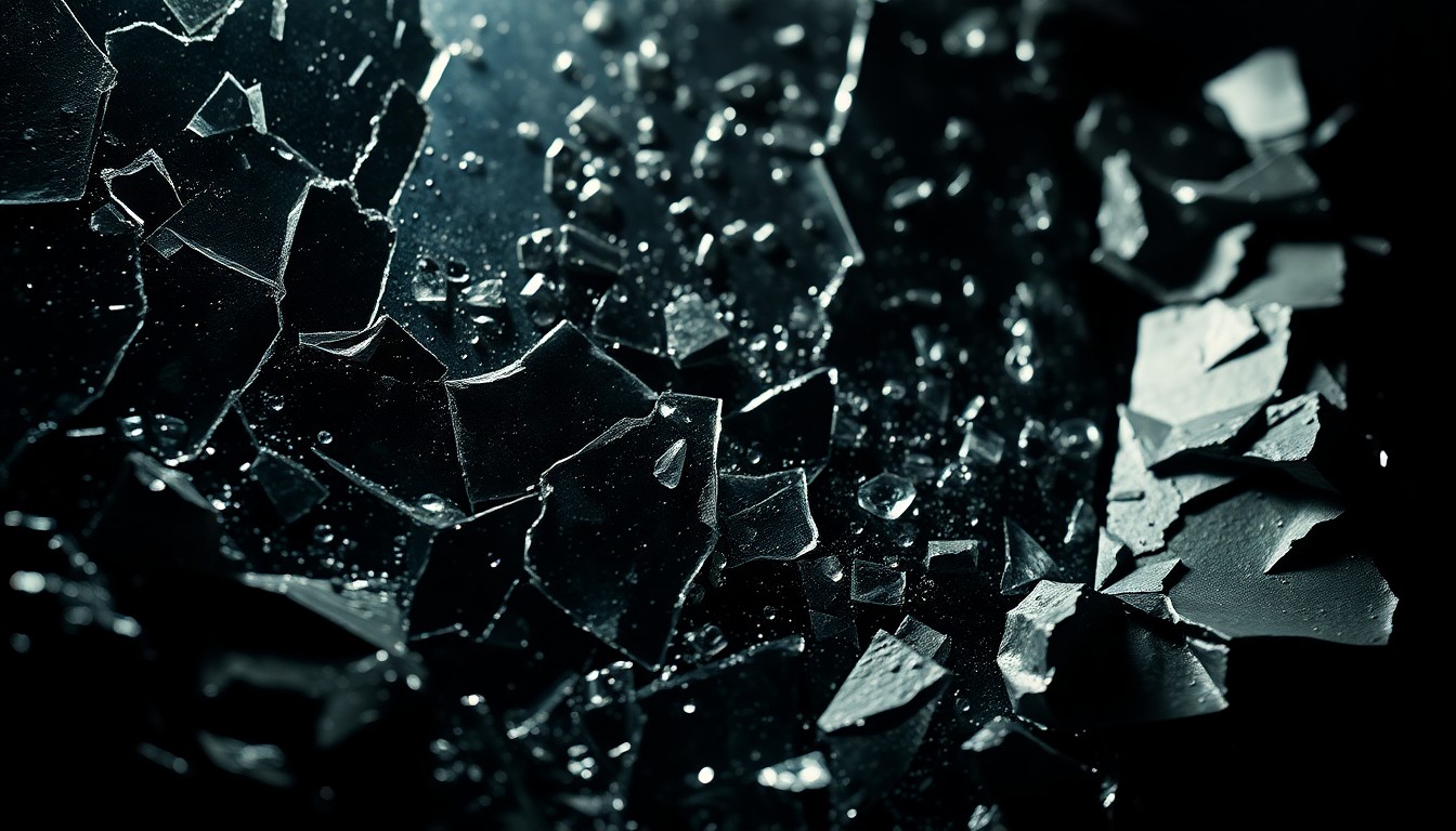 An abstract close-up image of shattered glass and crumpled metal textures, captured in dramatic high-contrast studio lighting to convey the gritty, high-stakes neo-noir atmosphere of the film.