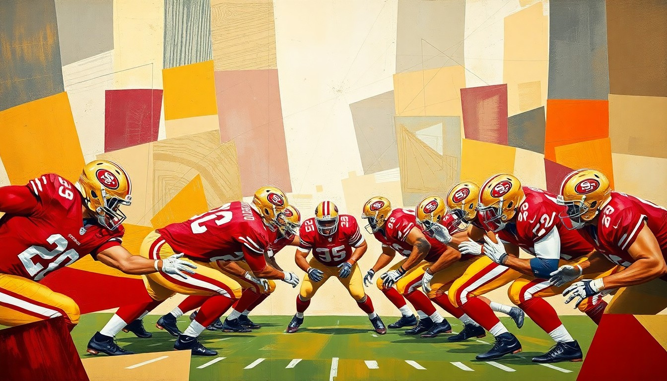 A cubist, geometric painting depicting a football offensive line in sharp, overlapping planes of red and gold, conveying the complex negotiations between the 49ers and Trent Williams.