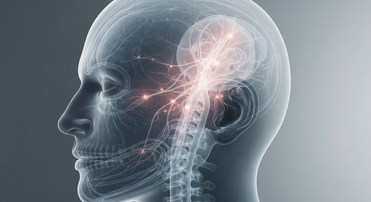 A highly detailed, translucent X-ray-style image revealing the internal structures of a human head, with glowing nerves and blood vessels visible against a dark background, conceptually representing the clinical approach to treating nerve-related headaches.