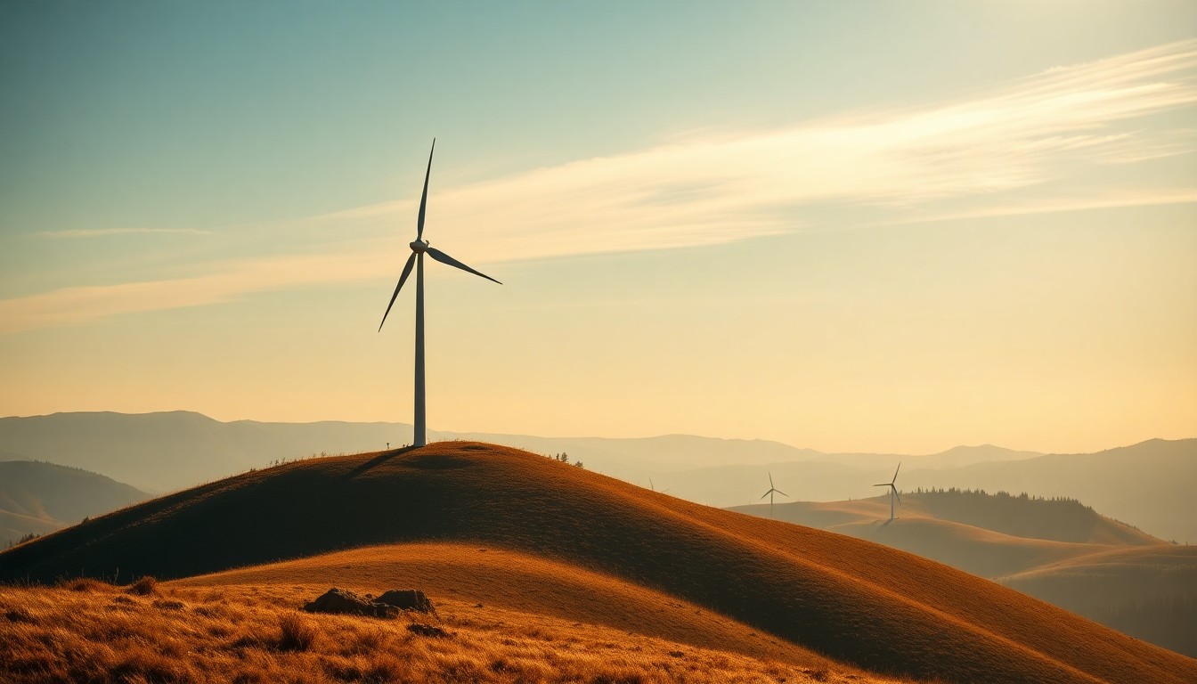 A serene, cinematic painting of a single wind turbine standing alone on a remote hilltop, the structure bathed in warm, diagonal sunlight and deep shadows, conveying a sense of quiet contemplation about the balance between renewable energy development and environmental preservation.