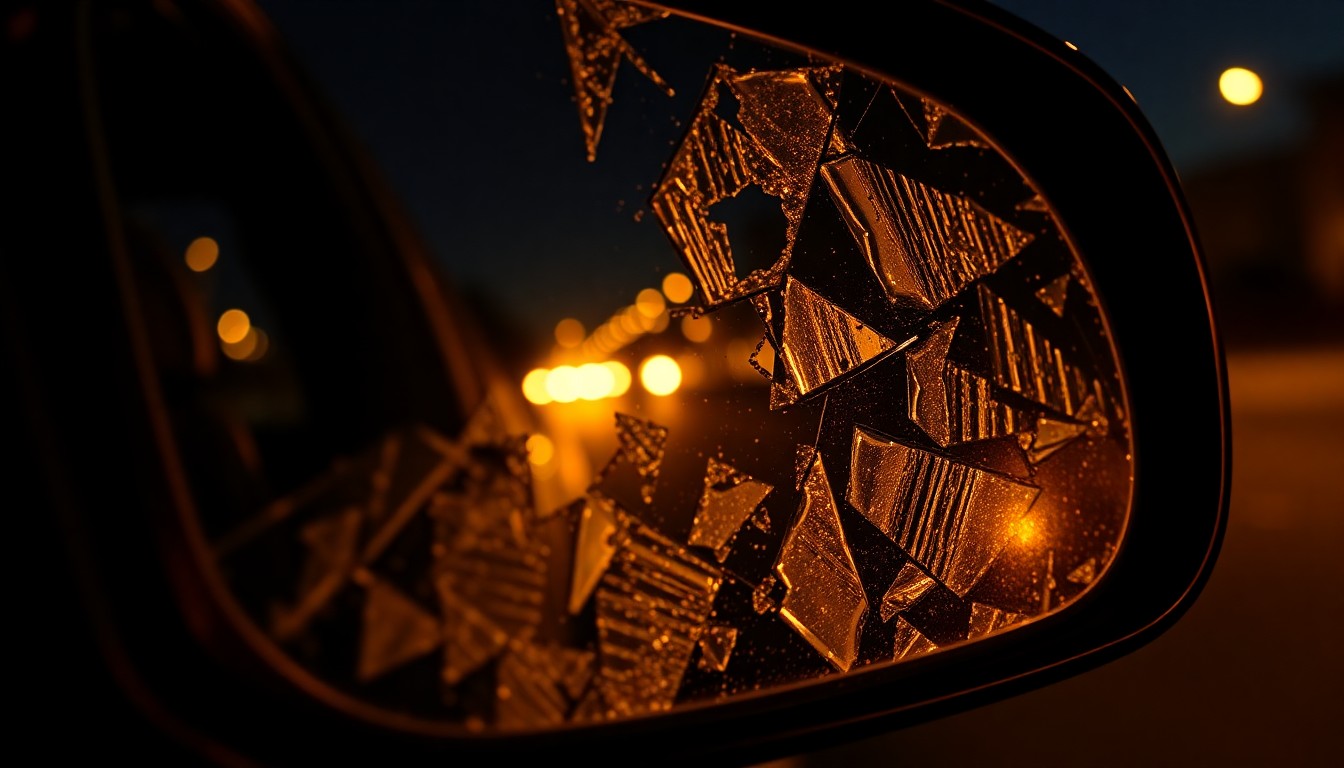 An extreme close-up photograph of a shattered car side mirror reflecting the faint glow of streetlights, conceptually illustrating the aftermath of a fatal pedestrian crash.