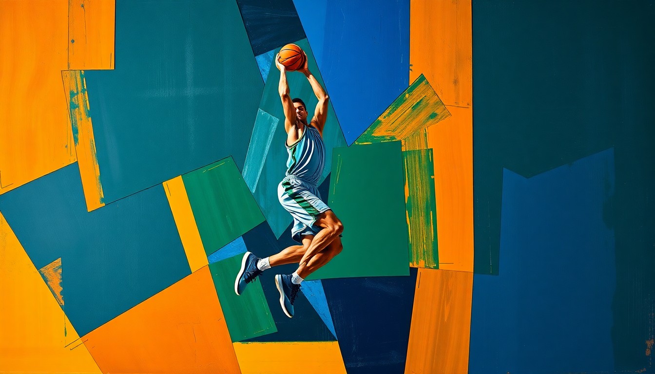 A fragmented, geometric painting depicting a basketball player in mid-jump shot, the figure broken down into sharp, overlapping planes of navy, green, and orange, conveying the raw power and movement of the sport.