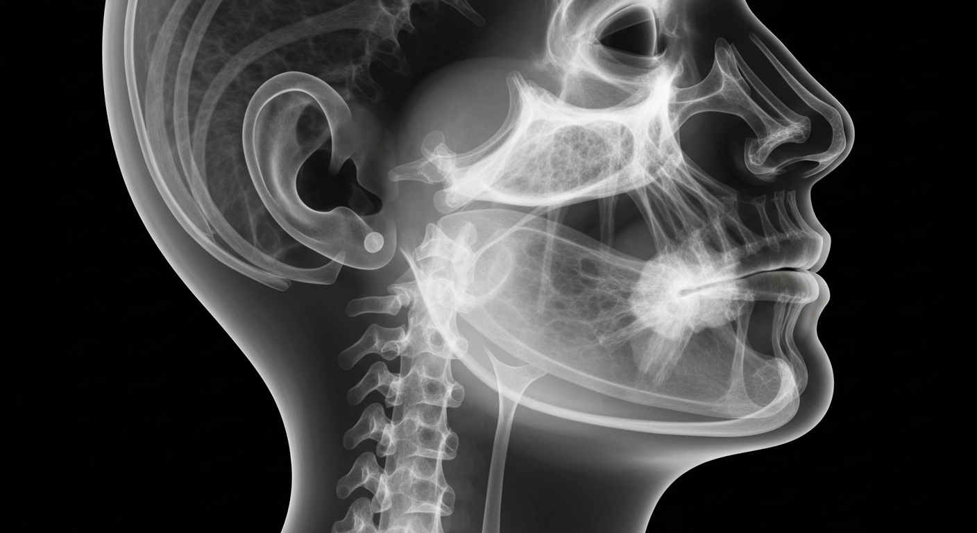 An extreme close-up translucent X-ray photograph showing the ghostly, glowing internal structures of a human face and neck, conceptually representing the devastating impact of the rare condition Stevens-Johnson Syndrome.