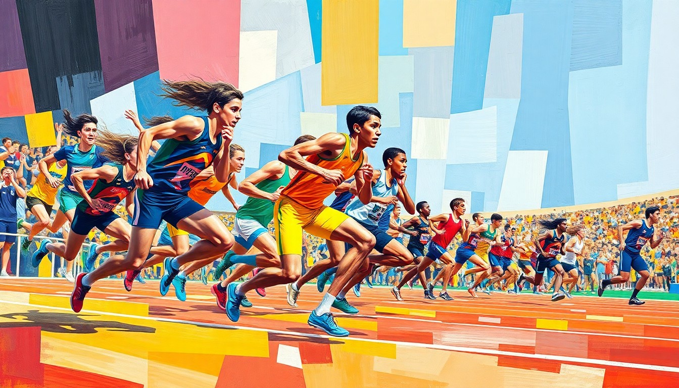 A fragmented, cubist-style painting depicting the motion and intensity of a high school track and field competition, with athletes' bodies and movements broken down into sharp, overlapping geometric shapes and planes in a vibrant color palette.